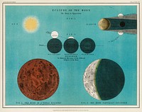 An astronomy lithograph the Eclipse of the Moon printed in 1908, an antique celestial chart of phases of the moon in the solar system. Digitally enhanced from our own original plate. 