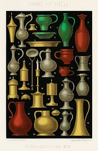 Miscellaneous Furniture and Objects (1858) by Ferdinand Sere, a collection of simple utensils and objects of the 15th century. Digitally enhanced from our own chromolithographic plate. 