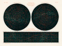 Constellations of the Two Hemispheres (1877) from the book by Guillemin, Amédée, (1826-1893), a celestial chart of the two hemispheres in the night sky. Digitally enhanced from our own original chromolithograph. 