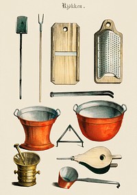 Kjokken (1850) published in Copenhagen, a vintage collection of kitchenware. Digitally enhanced from our own antique chromolithograph. 