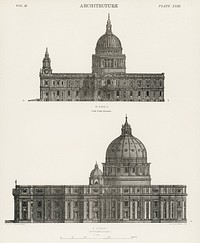 Architecture: St. Paul and St. Peters Cathedral from the book, Encyclopaedia Britannica 9th edition (1875), illustration of the famous religious British landmark. Digitally enhanced from our own original plate. 