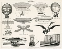 Air Navigation (1897) from the German series, Meyers Konversations Lexikon, a vintage collection of early flying machines including air balloons, airships, airplanes and more. Digitally enhanced from our own original antique plate. 