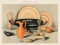 Ceramic Art: Ancient Greek, Cyprian and Etruscan (1891), a collection of everyday ceramic tools used in the ancient times. Digitally enhanced from our own original plate. 