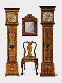 An illustration of Edwardian furniture (1905) drawn by <a href="https://www.rawpixel.com/search/Shirley%20Slocombe?sort=curated&amp;page=1">Shirley Slocombe</a>, a beautifully detailed design of a wooden chair, framed mirror and two grandfather clocks. Digitally enhanced by rawpixel.