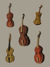 A collection of antique violin, viola, cello and more from Encyclopedia Londinensis; or Universal Dictionary of Arts, Sciences and Literature (1810). Digitally enhanced by rawpixel.
