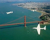 Three ER-2 Aircraft in formation over Golden Gate Bridge, San Francisco, CA on their final flight out of NASA Ames Research Center before redeployment to NASA&#39;s Dryden Flight Research Center, CA. Original from NASA . Digitally enhanced by rawpixel.