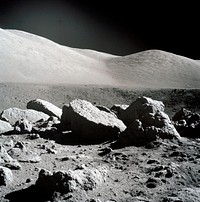 Panoramic view of Station 5 (Camelot Crater) during Apollo 17 EVA-2. Dec 12th, 1972. Original from NASA. Digitally enhanced by rawpixel.