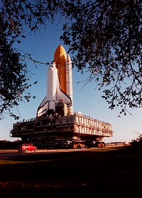 Space Shuttle Endeavour during the Shuttle&#39;s rollout to Launch Pad 39A. Original from NASA. Digitally enhanced by rawpixel.