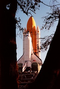 Space Shuttle Endeavour during the Shuttle's rollout to Launch Pad 39A. Original from NASA. Digitally enhanced by rawpixel.