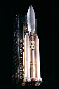The Titan IVB/Centaur carrying NASA&#39;s Cassini spacecraft at Launch Complex 40 on Cape Canaveral Air Station, the Mobile Service Tower has been retracted away. Original from NASA . Digitally enhanced by rawpixel.