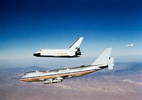 The Orbiter 101 "Enterprise" separates from the NASA 747 carrier aircraft S77-28931 to begin its first "tailcone-off" unpowered flight over desert and mountains of Southern California. Oct 12th 1977. Original from NASA . Digitally enhanced by rawpixel.