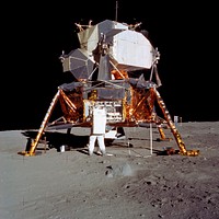 Astronaut Edwin E Aldrin Jr, Lunar Module (LM) pilot descends from the LM. Original from NASA . Digitally enhanced by rawpixel.