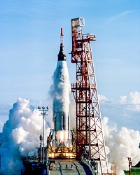 An Atlas launch vehicle lifts off with the Mercury spacecraft Sigma 7 atop with astronaut Walter M. Schirra Jr. aboard. Original from NASA . Digitally enhanced by rawpixel.