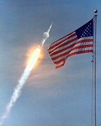 The American Flag heralds the flight of Apollo 11, man&#39;s first lunar landing mission. Original from NASA. Digitally enhanced by rawpixel.