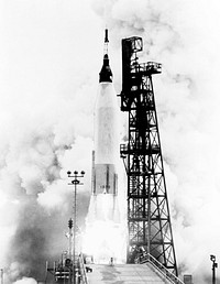 The Mercury-Atlas 7 carrying astronaut M. Scott Carpenter, was launched by NASA from Pad 14, Cape Canaveral, Florida, on May 24, 1962. Original from NASA. Digitally enhanced by rawpixel.