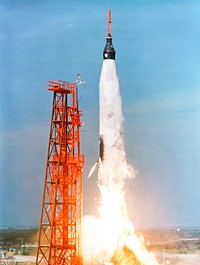 View of the liftoff of Mercury-Atlas 5 carrying space chimpanzee &quot;Enos&quot; on Nov. 29, 1961 from Kennedy Space Center, Florida. Original from NASA . Digitally enhanced by rawpixel.