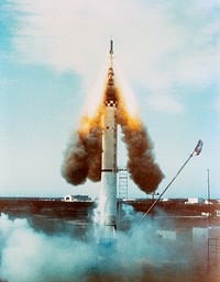 Launch of the unmanned Mercury-Atlas 1 from Cape Canaveral, Florida. Original from NASA. Digitally enhanced by rawpixel.
