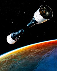 Artist's concept of positions of Gemini 6 and 7 spacecrafts at the terminal phase of the proposed rendezvous mission. Original from NASA. Digitally enhanced by rawpixel.