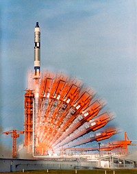 The Gemini-10 spacecraft is launched from Complex 19 at 5:20 p.m., July 18, 1966. Original from NASA . Digitally enhanced by rawpixel.