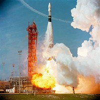 An Agena Target Docking Vehicle atop an Atlas rocket lifts off from Launch Complex 14 at Cape Kennedy at 10 a.m., March 16, 1966. Original from NASA. Digitally enhanced by rawpixel.