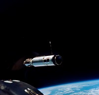 Closer view of the Agena Target Docking vehicle seen from the Gemini-8 spacecraft during rendezvous in space. Original from NASA. Digitally enhanced by rawpixel.