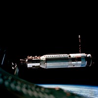 Closer view of the Agena Target Docking vehicle seen from the Gemini-8 spacecraft during rendezvous in space. Original from NASA. Digitally enhanced by rawpixel.