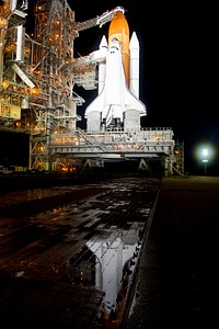 The space shuttle Endeavour is seen on launch pad 39a at Kennedy Space Center in Cape Canaveral, Fla, Thursday, April 28, 2011. Original from NASA . Digitally enhanced by rawpixel.
