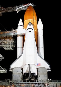 The space shuttle Endeavour is seen on launch pad 39a at Kennedy Space Center in Cape Canaveral, Fla, Thursday, April 28, 2011. Original from NASA. Digitally enhanced by rawpixel.