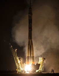 The Soyuz TMA-20M rocket launches from the Baikonur Cosmodrome in Kazakhstan on March 19, 2016. Original from NASA . Digitally enhanced by rawpixel.