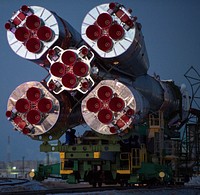 The Soyuz rocket is rolled out by train to the launch pad, Friday, Dec. 15, 2017. Original from NASA. Digitally enhanced by rawpixel.