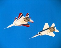 NASA&#39;s two modified F-15B research aircraft joined up for a fly-over of NASA&#39;s Dryden Flight Research Center on Edwards AFB, Calif., after a research mission. Original from NASA  . Digitally enhanced by rawpixel.