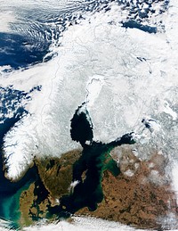 In this mostly cloud-free true-color scene, much of Scandinavia can be seen to be still covered by snow. Original from NASA. Digitally enhanced by rawpixel.