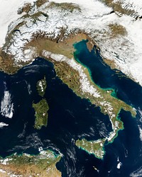 Snow, which tends to be generally less bright that clouds, covers the Alps in the north of Italy. Original from NASA. Digitally enhanced by rawpixel.