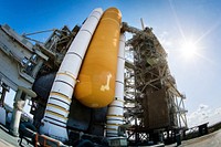 The space shuttle Atlantis on Launch Pad 39A is at the Kennedy Space Center on Tuesday, May 31, 2011, in Florida. Original from NASA. Digitally enhanced by rawpixel.