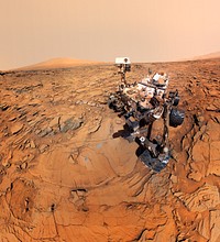 A self-portrait of NASA's Mars rover shows the vehicle at a drilled sample site called "Okoruso," on the "Naukluft Plateau" of lower Mount Sharp. Original from NASA. Digitally enhanced by rawpixel.