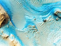 Nili Fossae, layered bedrock as horizontal striations in the light toned sediments in the floor of a canyon near Syrtis Major. Original from NASA. Digitally enhanced by rawpixel.