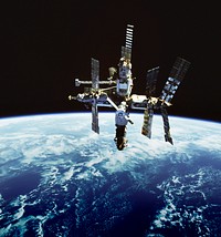 Russia&#39;s Mir space station is backdropped against Earth&#39;s horizon. Original from NASA . Digitally enhanced by rawpixel.