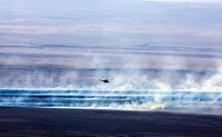 A Russian search and rescue helicopter flies over the burning Kazakh steppe. Original from NASA. Digitally enhanced by rawpixel.