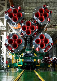 The boosters of the Soyuz rocket are seen as the Soyuz TMA-14 spacecraft and boosters are assembled Monday, March 23, 2009 at the Baikonur Cosmodrome in Kazakhstan. Original from NASA . Digitally enhanced by rawpixel.