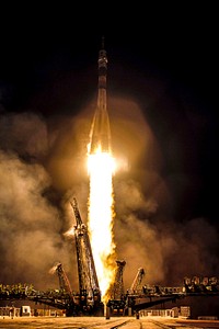 The Soyuz TMA-20 rocket launches from the Baikonur Cosmodrome in Kazakhstan on Thursday, December 16, 2010. Original from NASA. Digitally enhanced by rawpixel.