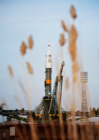 The Soyuz TMA-20 spacecraft is seen shortly after arrival to the launch pad Monday, Dec. 13, 2010 at the Baikonur Cosmodrome in Kazakhstan. Original from NASA. Digitally enhanced by rawpixel.