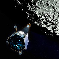 Rendered image of Lunar Crater Observation and Sensing Satellite crashing into the moon to test for the presence of water. Original from NASA. Digitally enhanced by rawpixel.