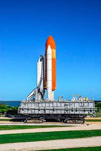 KENNEDY SPACE CENTER, FLA. -- The crawler transporter, moving Space Shuttle Discovery atop its mobile launch platform from the Vehicle Assembly Building, follows the path to Launch Pad 39A. Sep 30th, 2007. Original from NASA . Digitally enhanced by rawpixel.