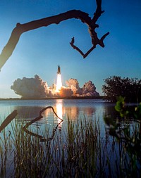 Space shuttle Atlantis and its four-member STS-135 crew head toward Earth orbit and rendezvous with the International Space Station, 8 July 2011. Original from NASA . Digitally enhanced by rawpixel.