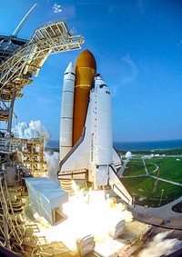 Space shuttle Endeavour lifts off from Launch Pad 39A at NASA&#39;s Kennedy Space Center in Florida, 8 Aug. 2007. Original from NASA. Digitally enhanced by rawpixel.