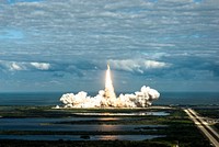 Space shuttle Atlantis and its four-member STS-135 crew head toward Earth orbit and rendezvous with the International Space Station, 8 July 2011. Original from NASA. Digitally enhanced by rawpixel.