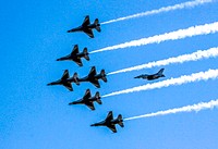 The U.S. Air Force Thunderbirds show their precision formation as they fly over NASA&#39;s Kennedy Space Center in Florida. Original from NASA. Digitally enhanced by rawpixel.