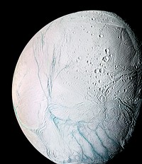 A masterpiece of deep time and wrenching gravity, the tortured surface of Saturn&#39;s moon Enceladus. Original from NASA. Digitally enhanced by rawpixel.