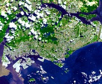 The Republic of Singapore, a city-state off the southern tip of the Malay Peninsula. Original from NASA. Digitally enhanced by rawpixel.