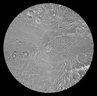 The southern hemisphere of Saturn&#39;s moon Dione is seen in this polar stereographic map. Original from NASA. Digitally enhanced by rawpixel.